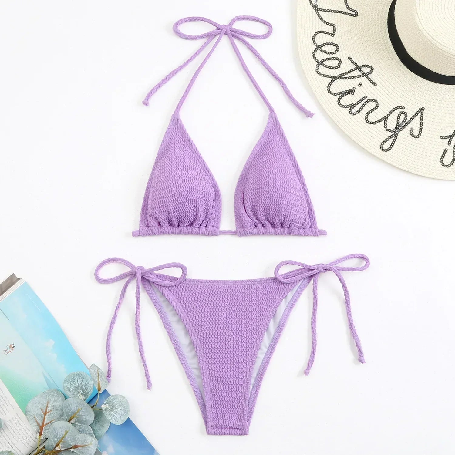 Colorful Triangle Lace Up Bikini Set