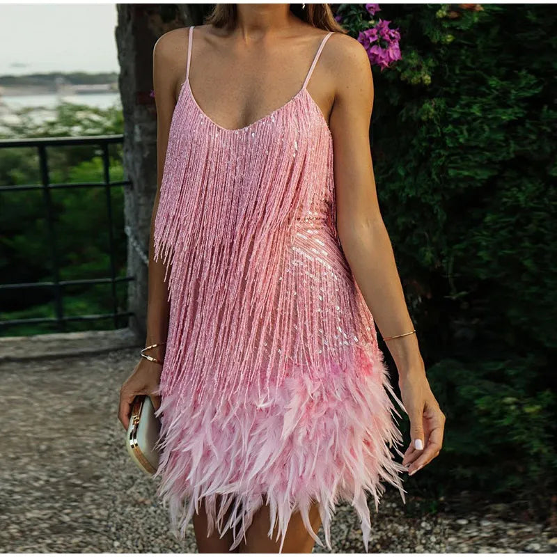 Kiara Sequin Feather Mini Dress